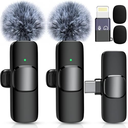 Wireless Lavalier Microphone for iPhone Android，2 Mini Lapel Microphones for Video Recording/LiveStream/YouTube/Online Meeting/TikTok (Black)