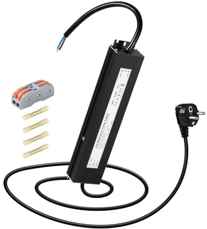 SWAWIS Transformador LED 12V 200W 16,7A IP67 con Enchufe, 230V a 12V