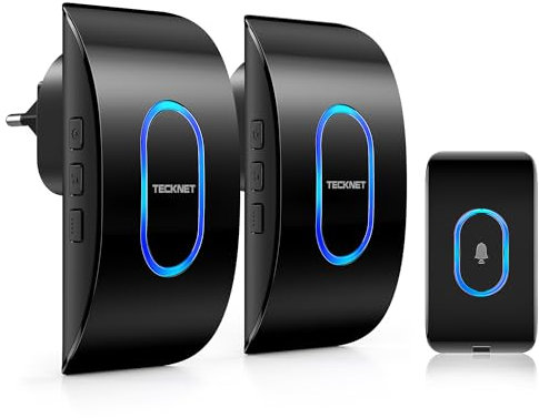 TECKNET Campanello Senza Fili, Portata 400m 60 Melodie e 5 Livelli di Volume Indicatori LED de Esterno IP65 Impermeabile Campanelli Wireless, Nero, 1 Trasmettitore + 3 Ricevitori