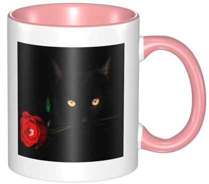 ELSMZXZD Schwarze Katze, zweifarbige Keramiktassen, 325 ml, Kaffeetasse und Teetrinkbecher für heiße oder kalte Getränke, zweifarbige Porzellantasse für Zuhause, Büro und Küche