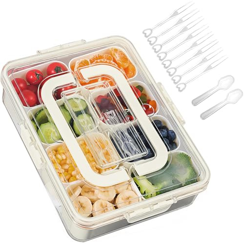 ECHOBUY Vassoio per Snack con 8 Scomparti Plastica, Contenitore per Alimenti Snack Box con Coperchio Manico per Conservare Frutta Verdura Caramelle Aromi -31 * 27 * 7cm