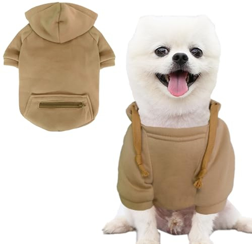 Jecikelon Haustier Hund Kaltwettermantel mit Tasche Winter Hund Hoodie Warme Welpenkleidung für kleine Hunde Chihuahua-Kleidung (Khaki, XX-Small)