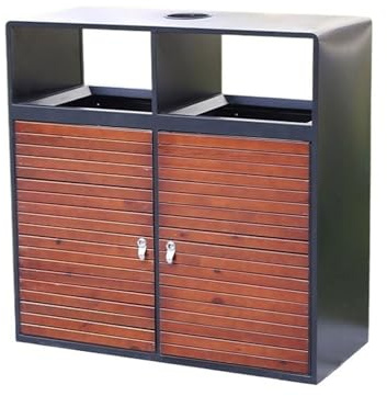 GEK208130 Contenedor de basura grande Cubo de basura exterior de imitación madera, de acero galvanizado, for zonas públicas con cenicero. Patio