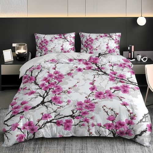 Sets de Housse de Couettes 140x200 cm Fleurs de Cerisier Romantiques Japonaises 3-pièces Parure de Lit, Jeu de literie 1 Personnes Blanc Housse de Couette Doux en Hypoallergique Microfibre