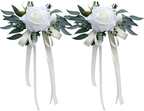 Hochzeit Autoschmuck, 2 Stück Vintage Hochzeit Autoschleifen Künstliche Blume Hochzeitsauto Deko mit Saugnäpfen für Hochzeitsdeko Auto Rückspiegel (Weiß)