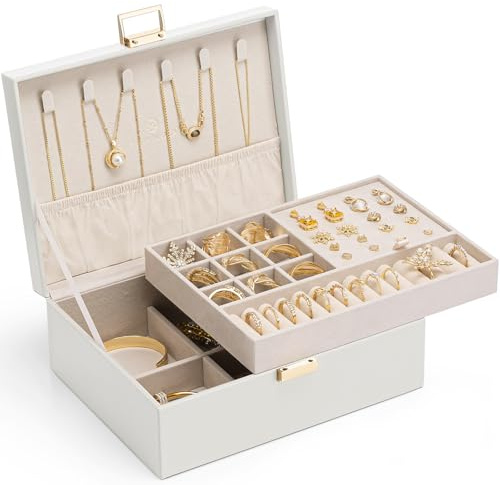 VLANDO Schmuckkästchen für Damen Mit 2 Etagen, für den Hausgebrauch | Geschenk für Damen,Schmuckaufbewahrung,PU Leder, Schmuck Organizer Für Ohrringe,Halsketten,Ringe, Beige