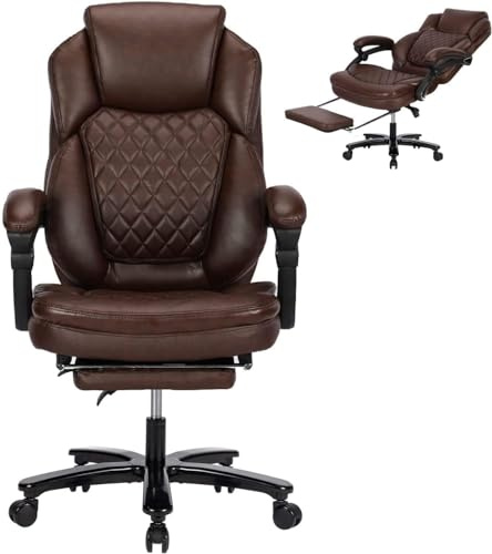 Bosmiller Großer Chefsessel mit Fußstütze, Office Chair 180kg, Ergonomischer Bürostuhl für Übergröße, höhenverstellbare Liegefunktion, Brauner PU Leder, Plus Size Bürostühle für Schwergewicht