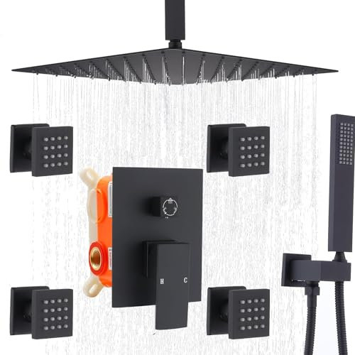 Enga 12 Inch Ceiling Mount Matte Black Shower System with Body Jets Bathroom Luxury Rain Mixer Shower Combo Set Ceiling Rainfall Shower Jets System Faucet Set