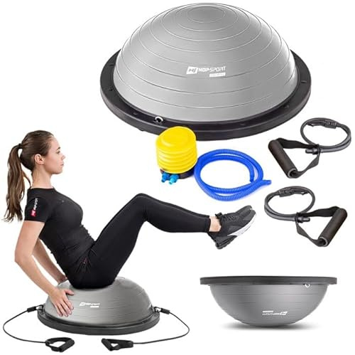 Hop-Sport Balancetrainer mit Zugbändern, Grau, Balance Board mit Expander, Rutschfeste Oberfläche, Doppelseitige Nutzung, Inkl. Pumpe, 200 kg Max. Belastbarkeit