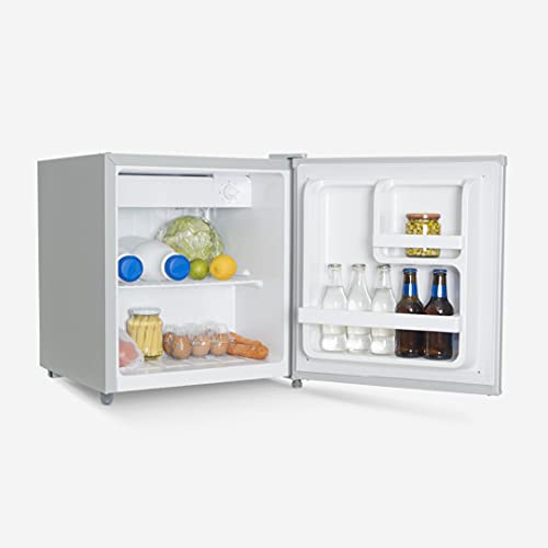 UNIVERSALBLUE Mini Bar 48 litros Plata | Frigorífico Pequeño | Nevera Eléctrica | Congelador minibar Plateado | Zona Fría de 0º a -3ºC | Temperatura ajustable | Bajo Consumo | Luz Interior