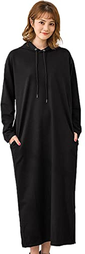 aromm Women's Hooded Sweatshirt Long Sleeves Pullover Loose Casual Maxi Dress with Pockets (Black, XXL)