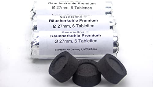 Räucherkohle 27 mm – 3 Rollen à 6 Tabletten – Schnellzünder, ca. 35 Min. Brenndauer – Markenqualität von Scentolino für Weihrauch & Räucherwerk