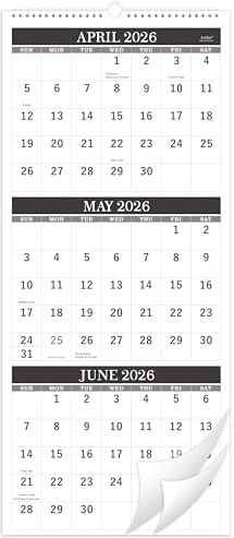 Calendar 2026-2027 - Wall Calendar 2026-2027, April 2026 - July 2027, 11 x 26, 3 Month Calendar Display (Folded in a Month), 3 Month Wall Calendar with Thick Paper - Classic Black