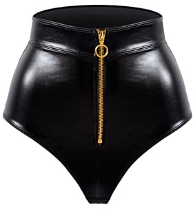 LOVE YOU SEXY Mujeres Cuero Artificial Braga, Calzoncillos de Cintura Alta con Cremallera en el Frente, Bragas Negro, XL