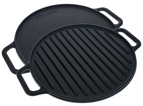 VICTORIA Plancha Cocina Hierro Fundido Esmaltado Parrilla Doble Reversible 32cm Redonda para Fuego, Barbacoa, Horno, Vitrocerámica, Gas, Libre de Tóxicos sin PTFE