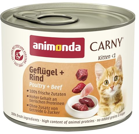 Carny Nourriture Humide pour Chatons - Volaille + bœuf (12 x 200 g) - Nourriture Humide sans céréales ni Sucre - Animonda pour Chatons en Croissance jusqu'à 1 an - avec ingrédients Frais