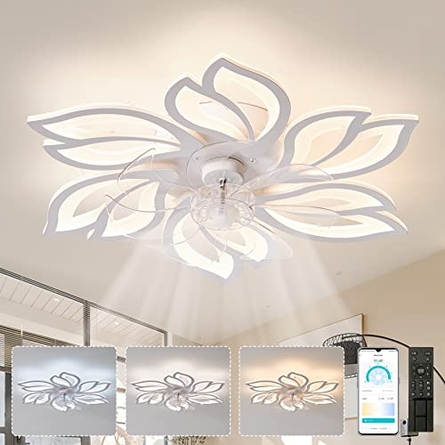 LJX Deckenleuchte mit Ventilator Weiß Leise Dc 65cm Blume Deckenventilator mit Beleuchtung und Fernbedienung 2.4GHZ Reversibel Timer Dimmbar Für Wohnzimmer Schlafzimmer