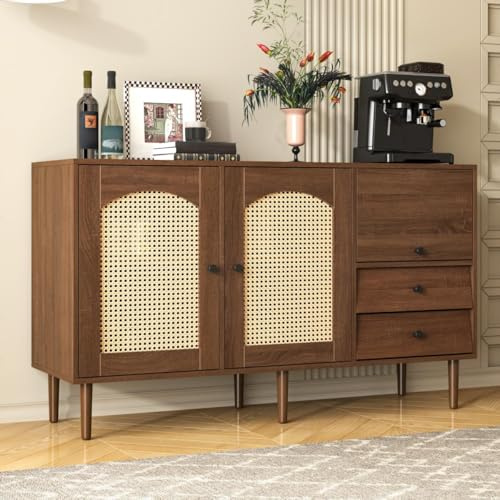 Sweiko Rattan Kommode mit 2 Schubladen und 3 Türen, Sideboard mit Braune Massivholzbeine Schubladenkommode Verstellbares Regal Holz Mehrzweckschrank für Flur Schlafzimmer Wohnzimmer Badezimmer