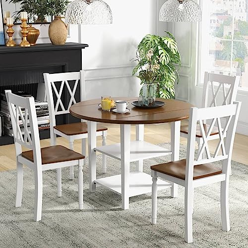 COSTWAY 5-Piece Mid-Century Modern Extendable Dining Table Set with 2-Tier Storage Shelf and High Backrest Chairs