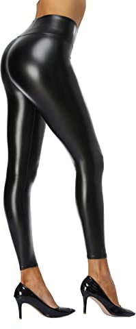 Teemie Damen Kunstleder Leggings High Waist Lederhose Sexy Stretch Skinny Hose Dünn Fleece Gefüttert Schwarz L