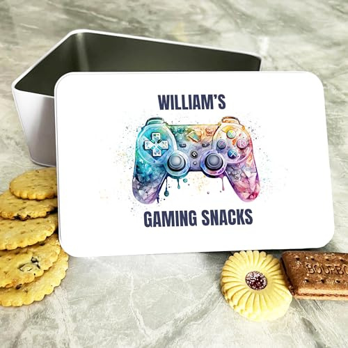 Watercolour Gaming Snacks Controller Rectangle Personalised Treat Tin Personalised Gift | Custom Gift | Personalized Tin | Cake, Biscuit & Treat Tins | Gift For Her | Gift For Him