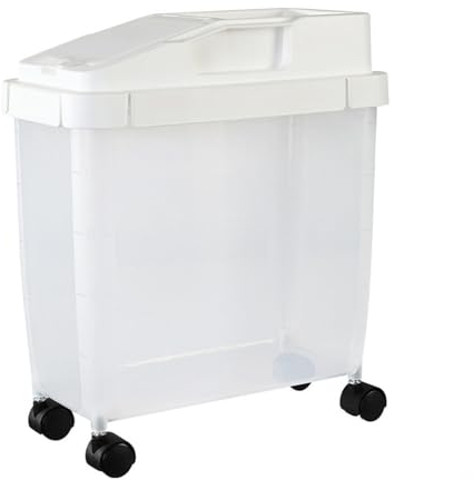 Hermético Envase del Arroz 20lb, Almacenamiento de Alimentos Contenedor Cereales, Contenedor de Comida Para Perros con Ruedas y Vaso Medidor, Grano de Harina Contenedor Para El Hogar 1 Cuenta,White