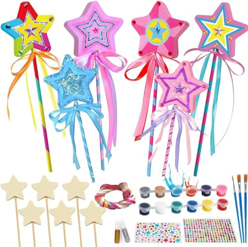 GUOYOU 27 Pezzi Bacchetta Magica Bambina, Bacchetta Principessa Bacchetta Stella, Kit Creativi in Legno per Ragazza, Pittura DIY Bastone Magico in Legno per Ragazze Artigianato