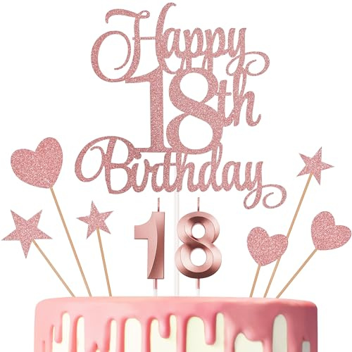 Lecferrarc 18th Birthday Cake Decorations, 18th Birthday Candles Cake Numeral Candles and Glitter Happy 18th Birthday Cake Toppers Set for Birthday Party Supplies (Rose Gold)