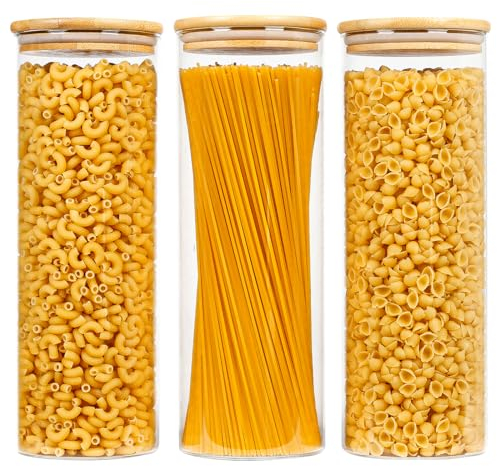 MUUKAIII Tarros de Cristal con Tapa Bambú, Juego de 3 Tarro de Vidrio de Almacenamiento, Frascos de Vidrio para Cereales Espaguetis Pasta