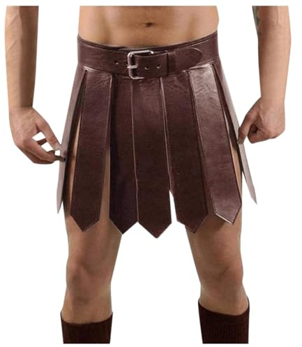 Gonna medievale in pelle da uomo in pelle PU, gonna vichinga, soldato romano, tuta da combattimento per cosplay, carnevale, accessori steampunk kilt, O2 marrone, L