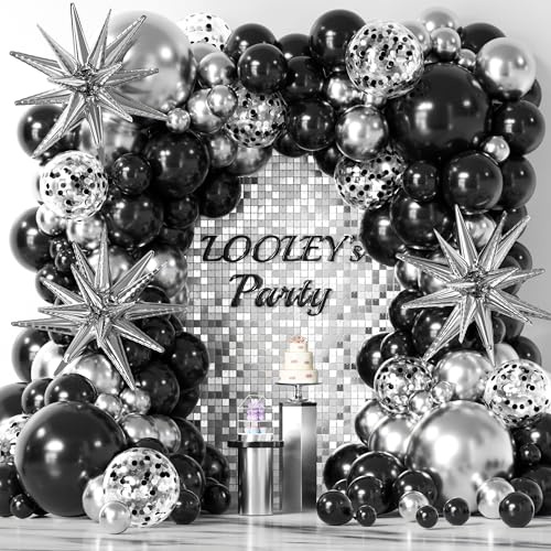 137Pcs Black and Silver Balloons Garland Arch Kit with Stars - 5 10 12 18 inch Black Silver Confetti Latex Party Balloons for 2025 Graduation Retirement Birthday Anniversary