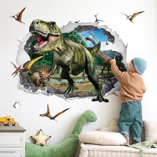 wondever Wandtattoo Dinosaurier XXL 3D Wandsticker Dino Tyrannosaurus Rex | Abziehen und Aufkleben, Abziehbar, Wandaufkleber Selbstklebend für Kinderzimmer Junge Babyzimmer Jungenzimmer Wanddeko