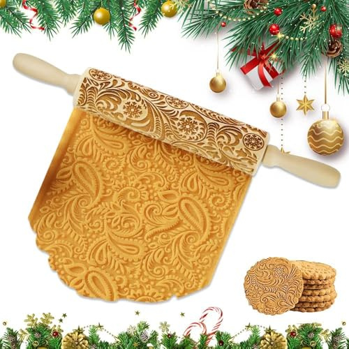 Udbrud Nudelholz, Weihnachten Präge Nudelholz Weihnachten Geprägt Teigroller Gravierte Nudelholz mit Schneeflocke Muster mit DIY Küchenwerkzeug Backzubehör für hausgemachtes Gebäck