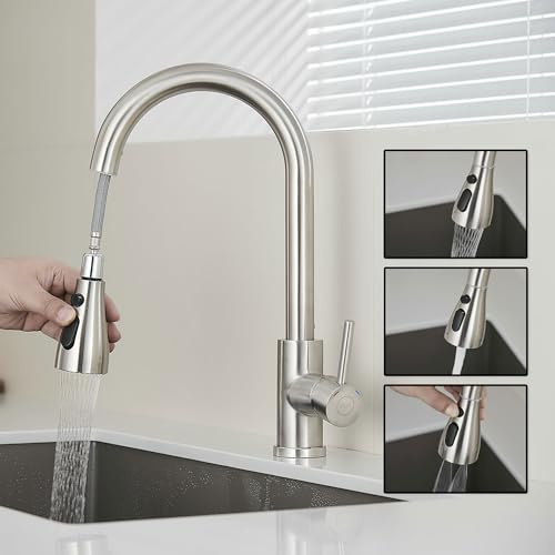 MILOT Kitchen Tap, 4 Spray Modes with Pause Mode, 360° Swivel Spout Kitchen Sink Taps, Kitchen Mixer Taps 1 Hole (Brushed Nickel)