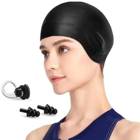 Bonnet de Bain, Bonnet de Natation 3D avec Bouchons d'oreille 3D et Pince-Nez, Durable Bonnet Piscine pour Femme et Homme, Imperméable Antidérapant Bonnet de Bain en Silicone Protection Oreille 3D