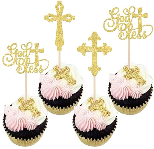 SYKYCTCY 24 Pack Cross Cupcake Toppers Glitter Christianity God Bless Cupcake Picks for Religious Baptism Theme First Holy Communion Party Cake Decorations Supplies Gold