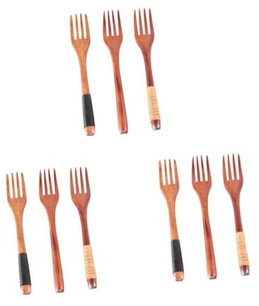 Alipis 9pcs Japanese Style Fork Tied Line Handle Wooden Four-Teeth Forks Tableware for Home Dining Wood