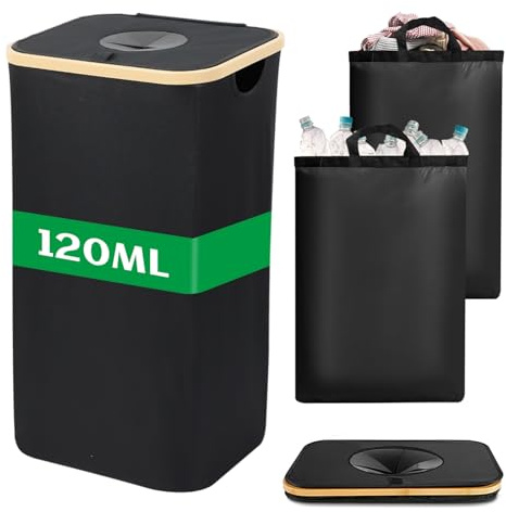 FYting Pfandflaschen SammelbehäLter,120 L Pfandflaschen Behälter XXL mit 2 Stück Herausnehmbarem Wasserdichtem Innenbeutel, Faltbarer SchmutzwäSchebehäLter mit Deckel Für Kleidung, Spielzeug(Schwarz)