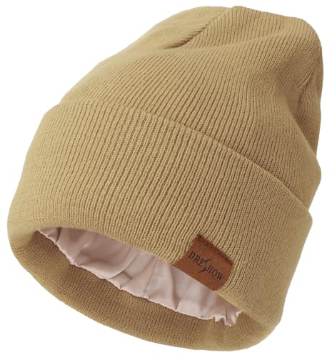 DRESHOW Satinfodrade Vintermössa för Kvinnor Män Satinfodrad Mössa Hattar Unisex Vinter Varm Stickad Manschett Silke Fodrad Solid Skull Mössa