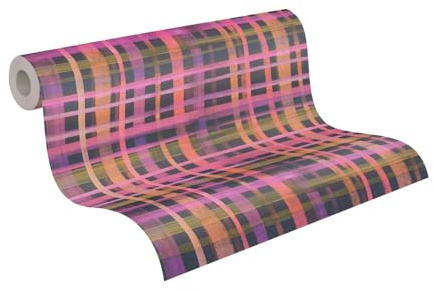 Livingwalls Anna D'Andrea fibertapet grafik 10,05 m x 0,53 m – rosa, lila, svart, gul – tapet rutmönster – 782242