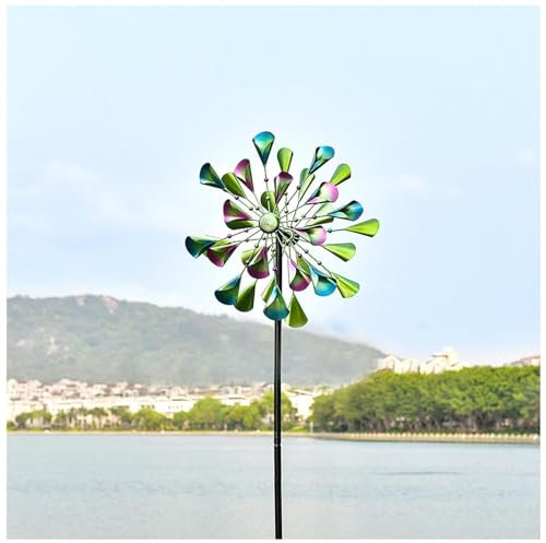 BesBet Windräder Garten 52cm Durchmesser, 200×52cm,Doppelwindrad,Kugellager Wind Spinner Wetterfest und Standfest Balcony Decoration für Garten Hof Rasen Hinterhöfe