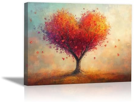 DMZPKZB Grand Tableau Mural RepréSentant L'Arbre De Vie Arbre en forme de cœur Paysage Abstrait, Peinture Moderne, DéCoration Murale Pour La Maison Ou Le Bureau(orange)-50x70cm Encadrée