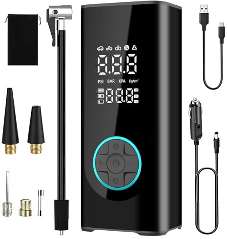 Car Tyre Pump,Portable Air Compressor,Digital Tyre Inflator,Universal for Cars,Motorcycles,Bikes & Balls,Preset Tire Pressure,Auto Shut-Off,3-Mode LED Light
