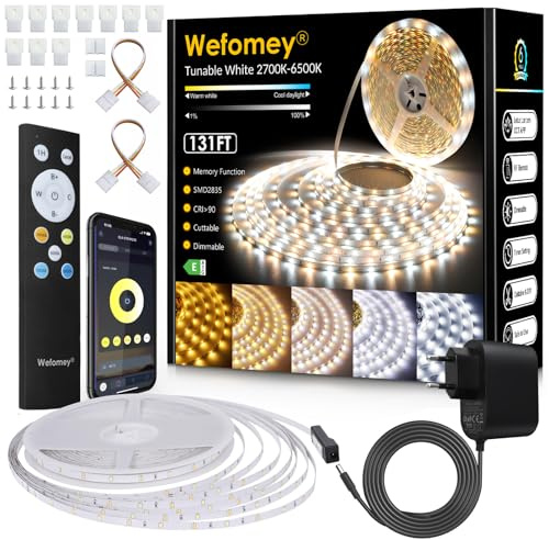 LED Strip 40M Set Dimmbar, APP Steuerung, Warmweiß bis Kaltweiß LED Streifen 24V Selbstklebend mit Netzteil Fernbedienung, Flexibel DIY LED Band 2700K-6500K, led Lichtband für Innen Küche Zimmer Deko