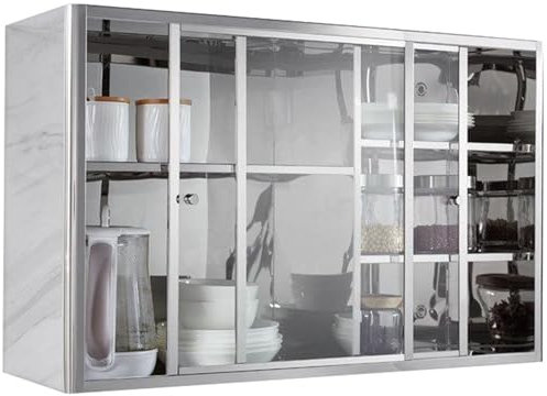Armario de pared de acero inoxidable con puertas correderas, armario de cocina de despensa, armario de herramientas flotante ajustable, para garaje, oficina, sótano, almacén