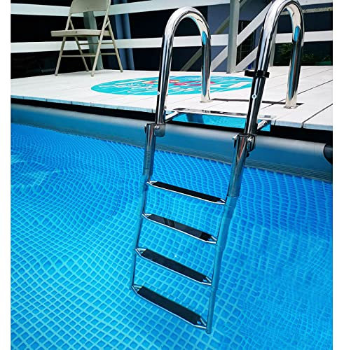 Telescopic 4 Step Ladder for Swimming Pool/Boat, Rear Entry Folding Pontoon Marine Inboard Ladders, Wide Pedal and Hand Railing
