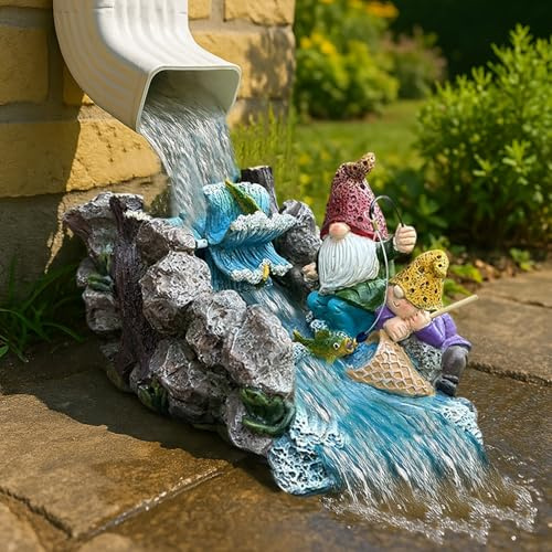 Zwergstatue, Spritzschutz, Dachrinne, Fallrohrverlängerungen, Gartendekoration, dekorativ, Regenrinnen, Beton, Teich, Spritzblock, Elfen-Bro-Fallauslauf-Statuen mit Wasserrad-Zubehör, 29 cm L x 17 cm