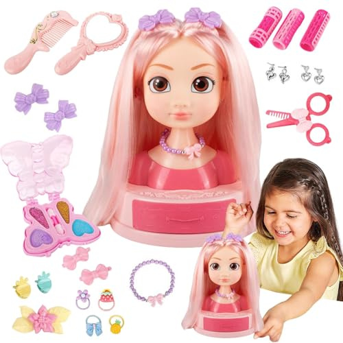 Hairstyling Girls Toys, Hair Salon Doll Head Makeup Kit, 7.8in Portable with Ear Studs, Curling Irons Hairpins, Dress Up Toy Set for Kindergarten and Home Play, Indoor