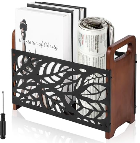 GBKDQQ Revistero de madera y metal con asas, ahorra espacio, revistero de 33 x 24 x 13 cm, soporte para revistas para oficina y hogar