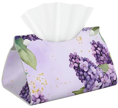 Housse de boîte à mouchoirs longue avec fleurs lilas – Porte-mouchoirs en similicuir élégant pour salle de bain, salon, bureau, chambre à coucher, voiture